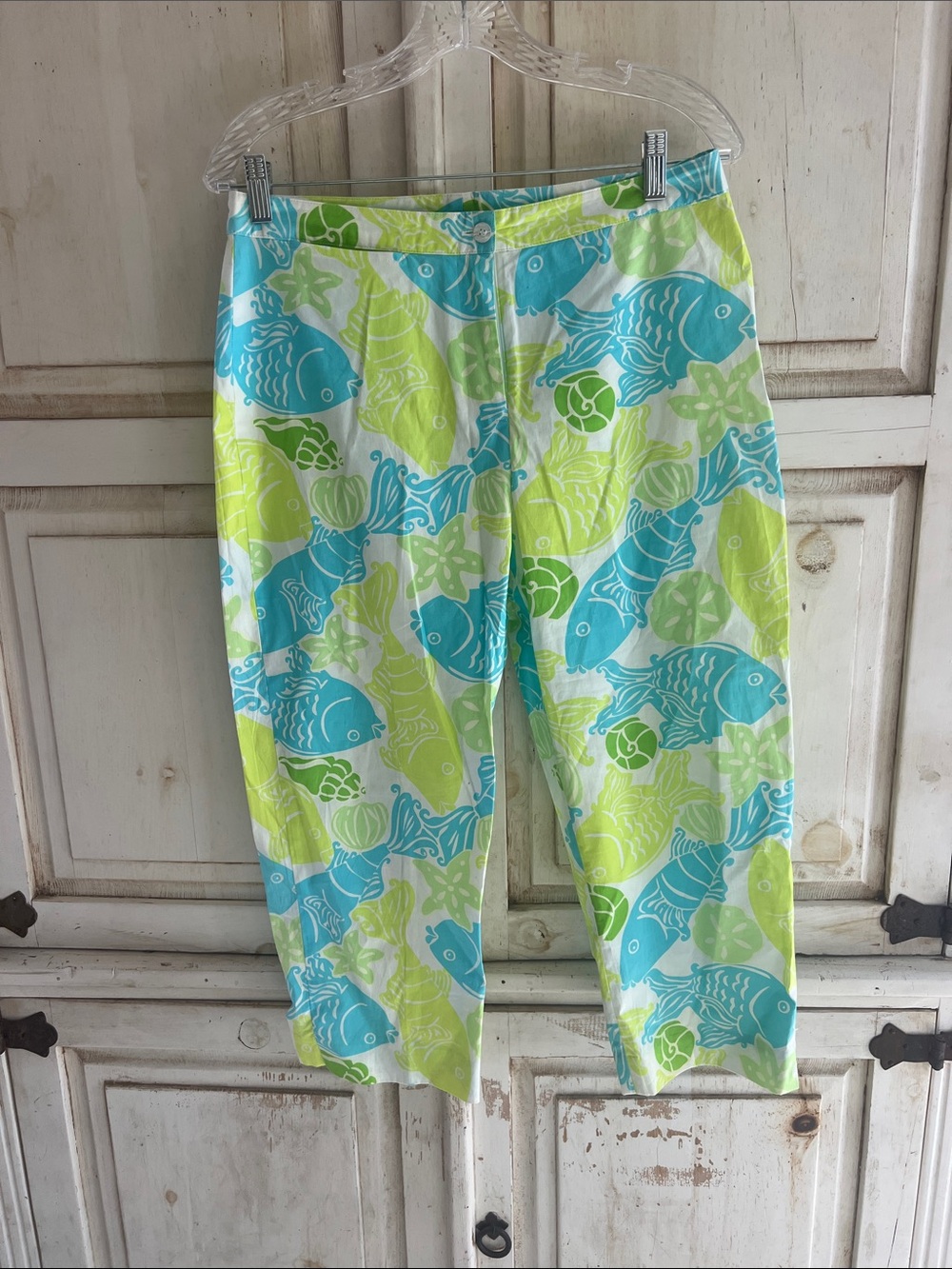 Vintage Lilly Pulitzer Aqua & Lime Fish/Shell Printed Capris Lds Sz 10